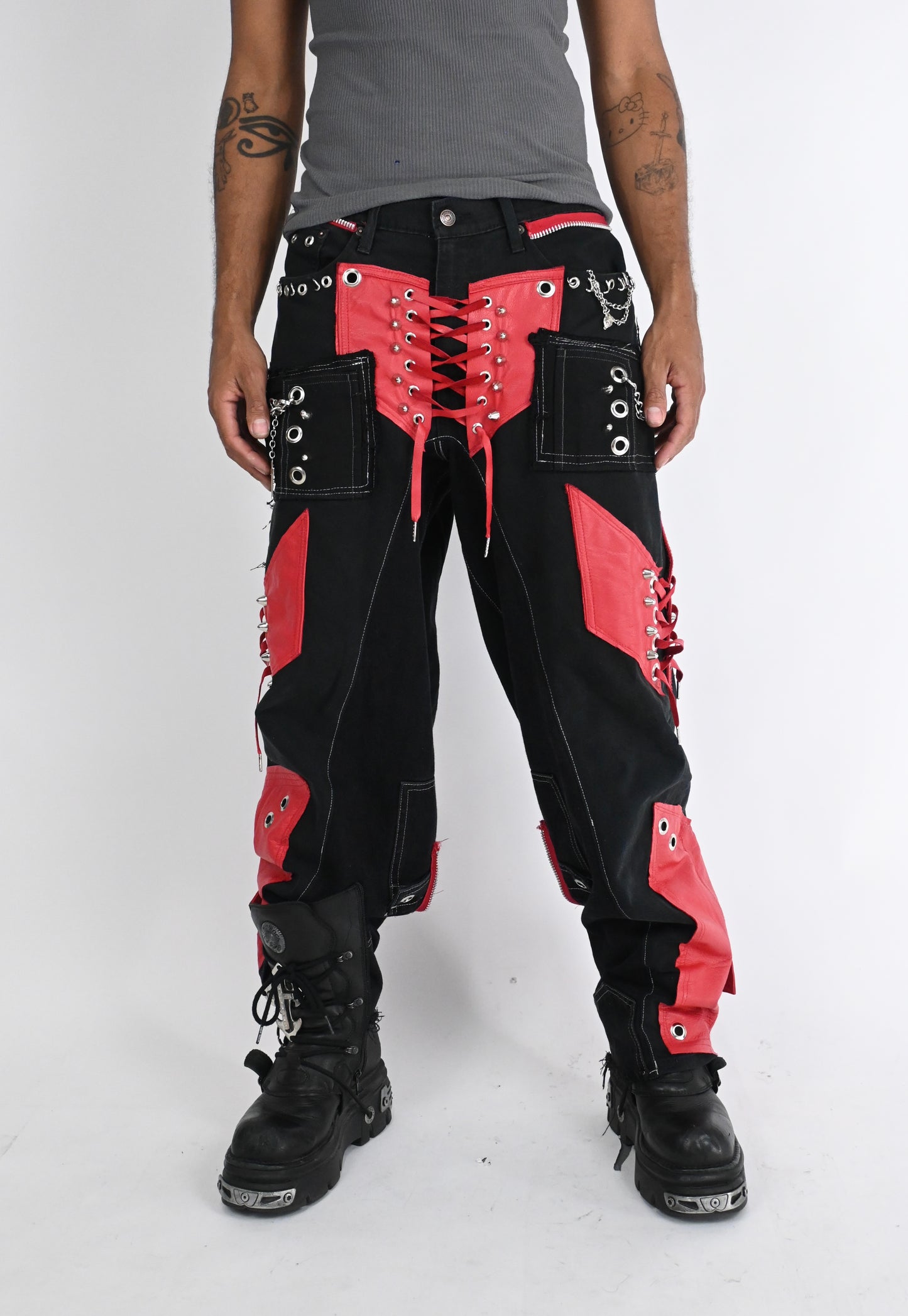 RED LEATHER CORSET DENIM