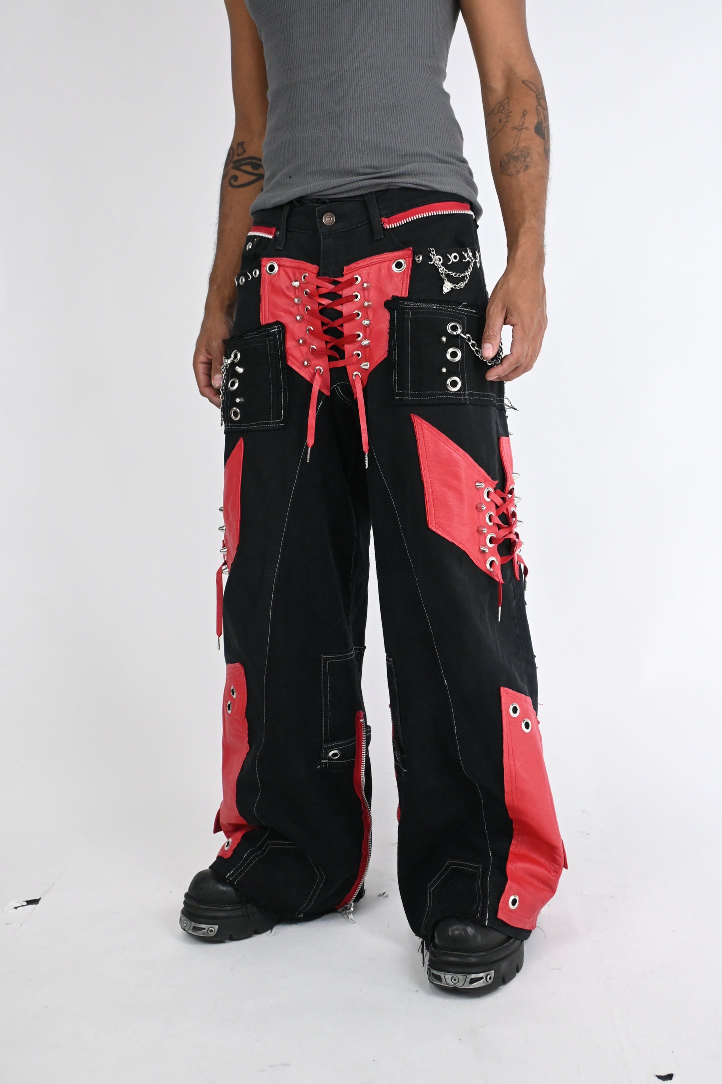 RED LEATHER CORSET DENIM